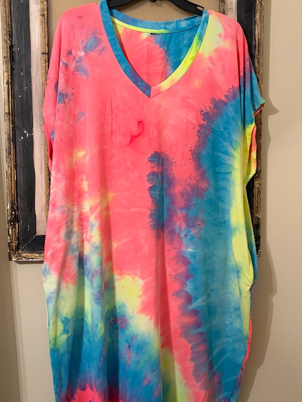 V-Neck Tie-Dye Tunic Top in Pink, Blue & Yellow